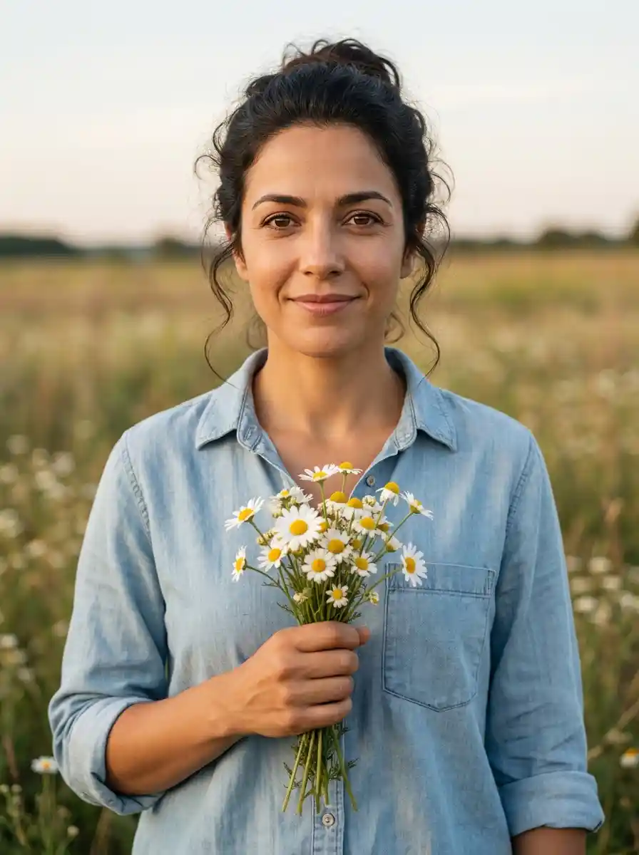 Portrait de l’autrice tenant un bouquet de fleurs dans un champ.